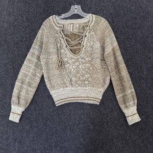 Free People Sweater Women's XS Green Lace Up Boho Textured Knit Alpaca Blend